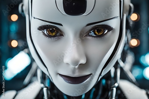 A female robot with a white face and a long white hat that reaches to the chin.