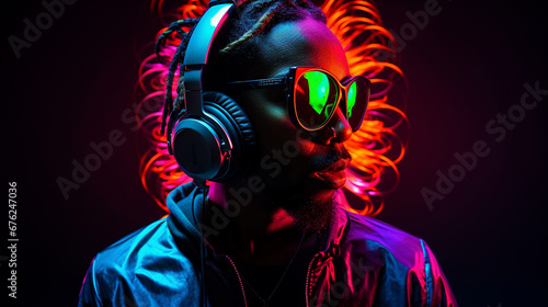 Photo of a male DJ with headphones on his head in neon light.