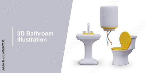 Poster with realistic boiler for heating water, wash basin and ceramic toilet bowl with yellow elements. Household equipment concept. Vector illustration with place for text