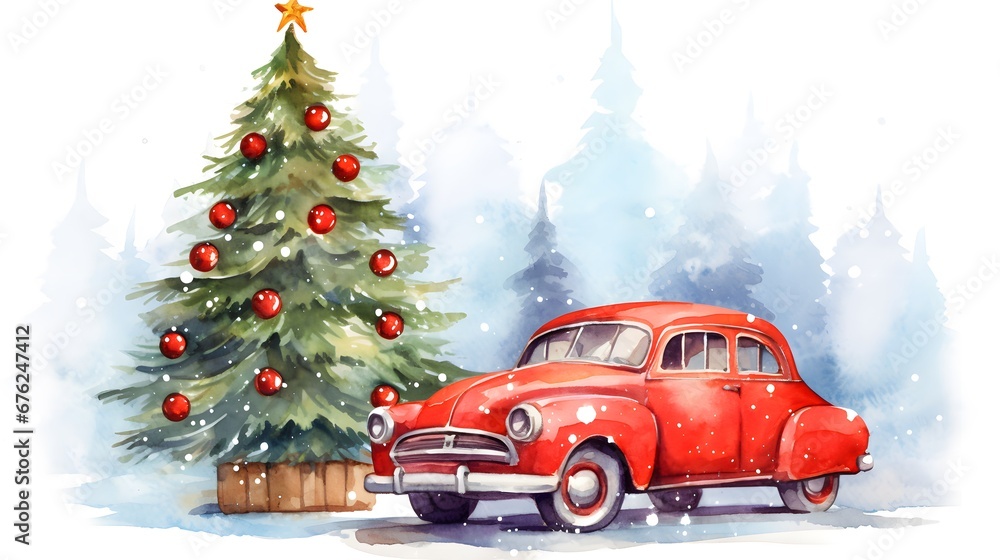 Red retro car with a christmas tree in the trunk on the roof. Christmas card in watercolor style drawing with Santa's car, free hand drawing, vector illustrations.