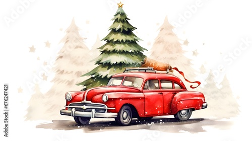 Red retro car with a christmas tree in the trunk on the roof. Christmas card in watercolor style drawing with Santa s car  free hand drawing  vector illustrations.