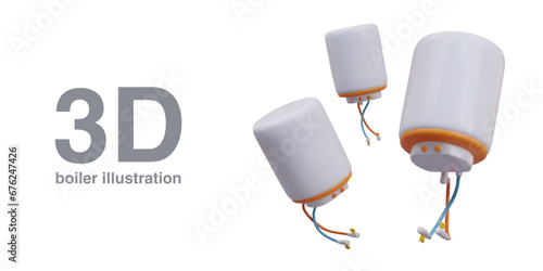 Set of realistic models of boilers, view from different sides. Modern autonomous water heating equipment. Electrical device for bathroom, shower. Color vector for web design
