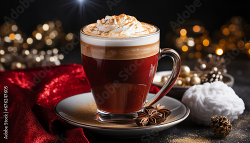Festive spiced latte with whipped cream in a red cup, holiday decorations in the background.