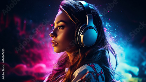 Photo of a woman with headphones on her head enjoying music.
