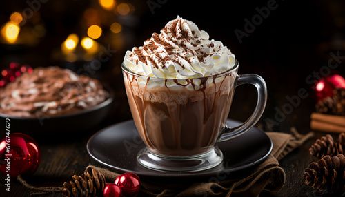 Hot chocolate topped with whipped cream and cocoa, served on a festive tray.