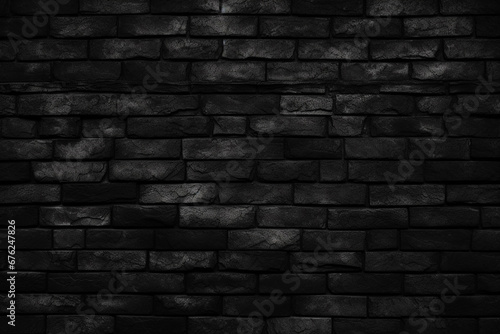 The close up detail of black brick wall texture and pattern in the style of grunge and ominous vibe  wallpaper and background. Generative AI.