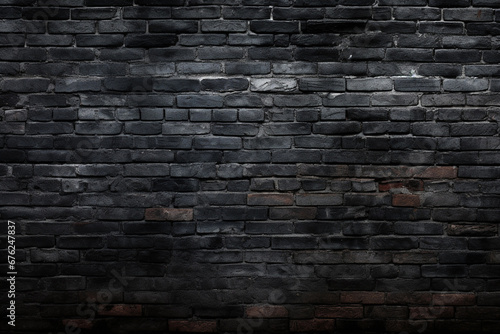 The close up detail of black brick wall texture and pattern in the style of grunge and ominous vibe  wallpaper and background. Generative AI.