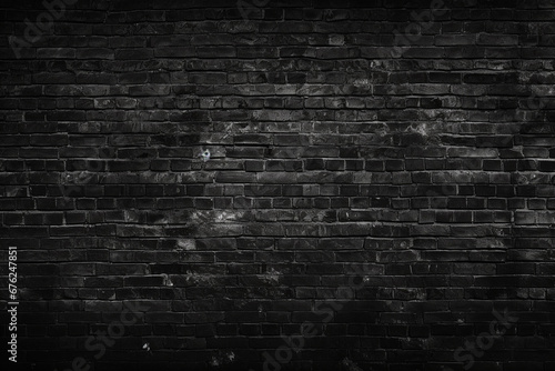 The close up detail of black brick wall texture and pattern in the style of grunge and ominous vibe, wallpaper and background. Generative AI.