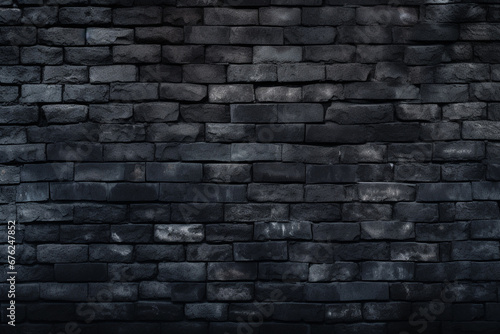 The close up detail of black brick wall texture and pattern in the style of grunge and ominous vibe, wallpaper and background. Generative AI.