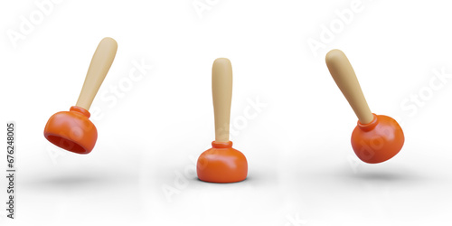 Set of red sink plungers. View from front, top, bottom. Plunger cup with wooden handle. Tool for cleaning clogged water pipes. Isolated image on white background