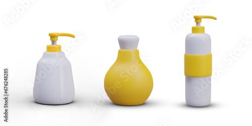 3D plastic bottle with dispenser, jar for liquid soap, shampoo, pump bottle. Care cosmetics packaging mockup. Beauty products for body, hands, face, hair. Isolated yellow vector templates