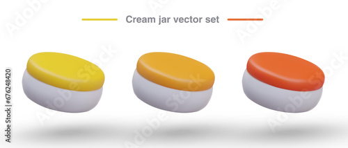 Set of round flat white jars with lids of different colors. Containers for cream, gel, ointment, balm. Advertising templates for cosmetics, medical preparations. 3D vector