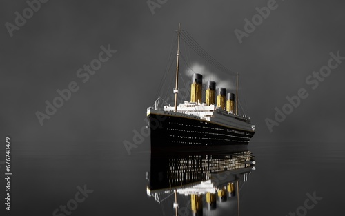 Steamboat ocean liner ship at night with smoking chimneys 3D render image in HDR sea level view