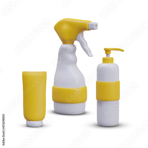3d realistic bottles with yellow elements. Plastic bottles of household chemicals and cleaning products. Home care and cleaning concept. Vector illustration