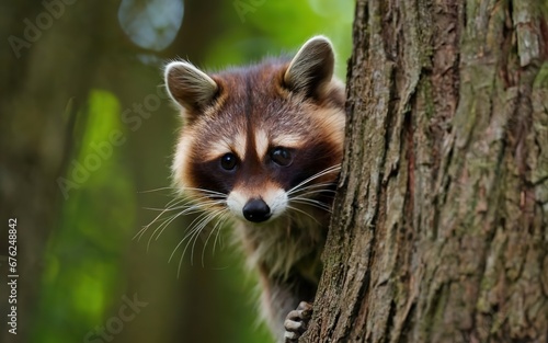A curious raccoon peeking out from behind a tree