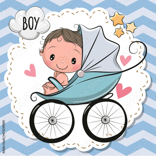 Cute Cartoon Baby boy is sitting on a carriage