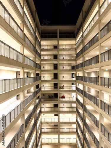 Apartment high-rise building interior at night time