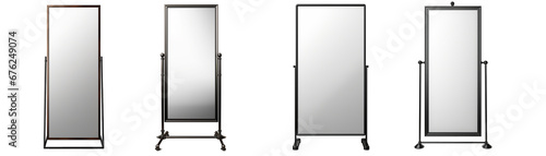 Set of standing mirror with metal frame. Rectangle standing mirror with modern metal frame. Isolated on transparent background. Generative AI