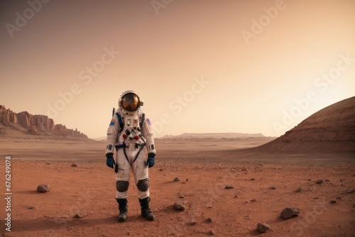 An astronaut putting on a spacesuit in the planet Mars. Copy Space