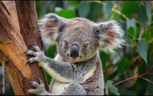 A koala bear clinging to a eucalyptus tree