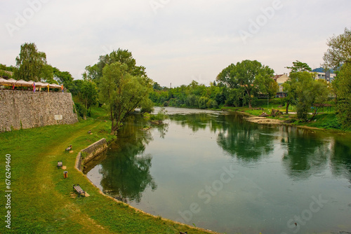 The Vrbas River as it flows through Banja Luka in Republika Srpska  Bosnia and Herzegovina. Viewed from Kastel Fortress castle
