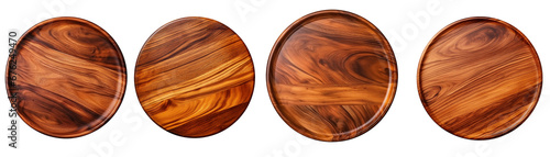 Set of top view circle wooden tray. Wood kitchen round board. Wooden plates mock up, top view, for product display. Isolated on transparent background. Generative AI photo
