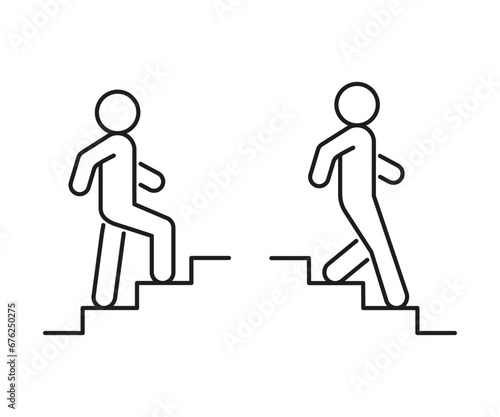 Stairs up and down person, line icon. Stairway, steps direction sign. Moving upstairs and downstairs, rise and descend. Editable stroke. Vector