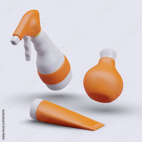 Spray detergent, jar with liquid and cosmetic bottle in orange colors. General house cleaning concept. Product for hygiene and self care. Vector illustration in 3d realistic style