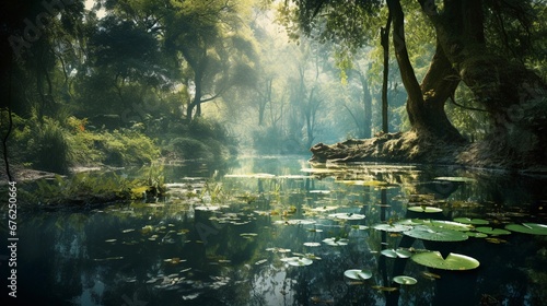 A serene glade within the enchanted forest  featuring a tranquil pond with mirrored reflections of ancient trees and the sky above  AI generated  background image