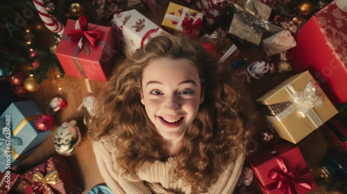 A happy beautiful girl with lots of Christmas presents or gifts around her, smiling and looking at a camera, ariel view, Xmas hoiday and celebration.n. photo