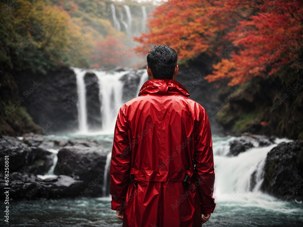 Back view of a man on a vivid red raincoat, standing while gazing at a blurred background with a stunning waterfall in fall.