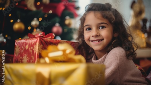 A happy girl with lots of Christmas presents or gifts around her, smiling and looking at a camera Xmas hoiday and celebration. © KikkyCNX