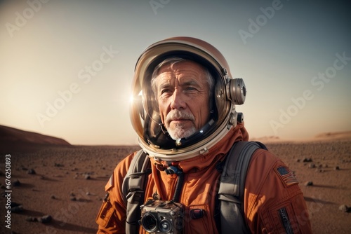 Close-up of an elderly male astronaut wearing an orange spacesuit in the planet Mars. © liliyabatyrova