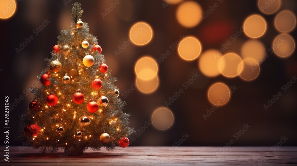 Christmas holiday background. Beautiful fir tree with shiny baubles or balls, xmas ornaments, decoration, lights, and bokeh with copy space. Merry christmas and happy new year concept.