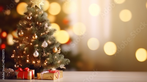 Christmas holiday background. Beautiful firtree with presents and shiny baubles or balls, xmas ornaments, decoration, lights, and bokeh with copy space. Merry christmas and happy new year concept.