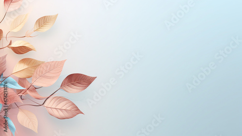 Background pastel colored leaves in the corner with a wide copy space for text.