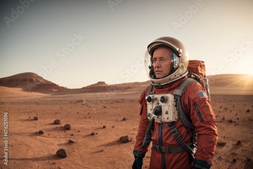 A male astronaut wearing an orange spacesuit in the planet Mars. Copy Space