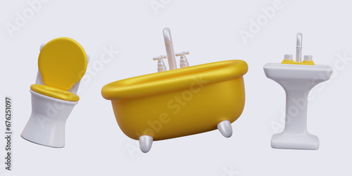 Collection of sanitary ware in cartoon style. Golden bathtub on clawfoot, toilet with seat, washbasin with faucet. Isolated realistic illustration with glare