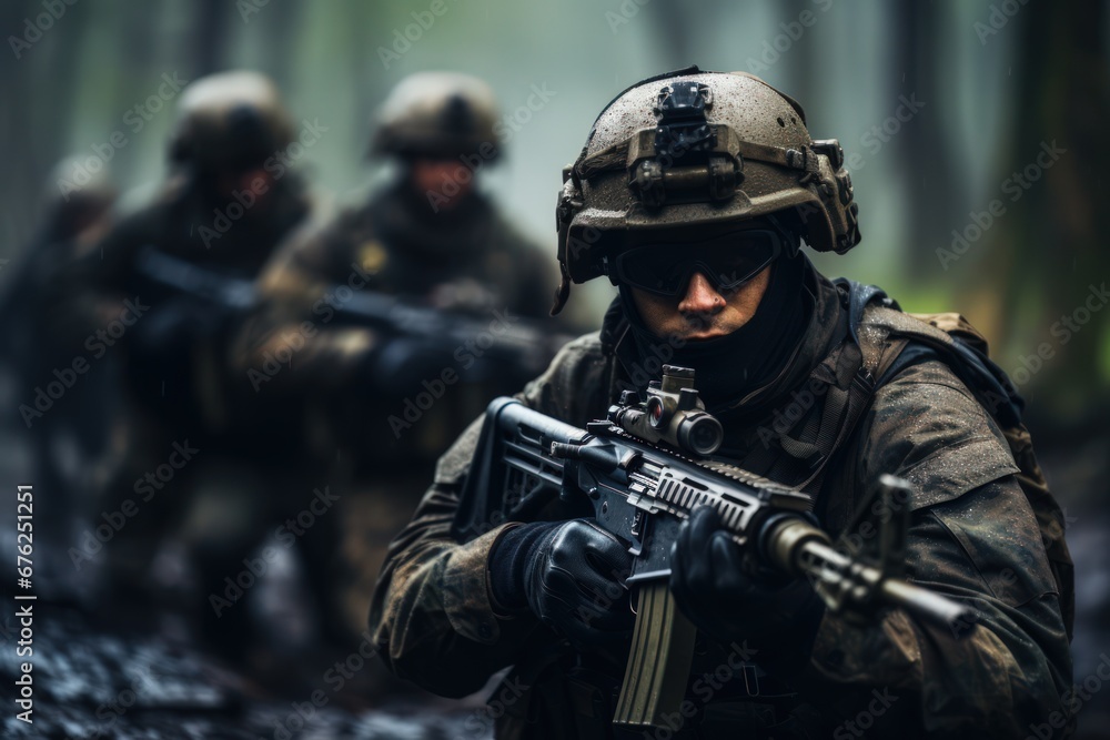 Modern warfare Soldiers Squad Running as Team in Battle Formation Modern warfare Soldiers Squad Running as Team in Battle Formation