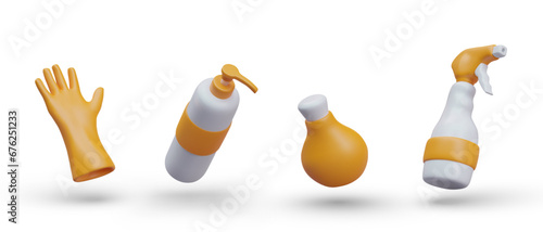 3D rubber orange glove, pump bottle, soap jar, spray gun. Accessories for sanitary procedures, washing, disinfection. Cleaning icons. Set of colored vector images