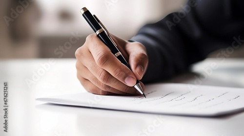portrait of hand writing with pen against white background, AI generated, background image
