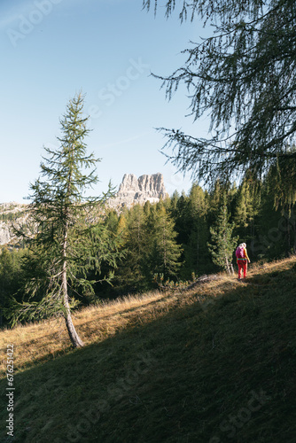 Wanderer im Wald des Passo Falzarego in den Dolomiten photo