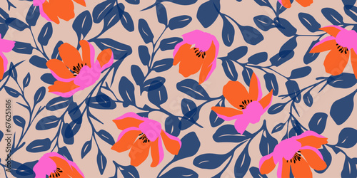 Trendy exotic hand drawn flowers seamless pattern. Floral background for textile, wallpaper, banner, covers, surface, printing and home decor. Flower vector illustration.
