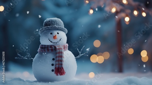 Happy smiling joyful snowman in Xmas day with outdoor winter scene in the background. Merry Christmas and happy new year concept.