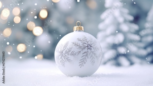 A White decorative Christmas bauble or ball for decoration on a bokeh background. Merry Christmas and happy new year concept.