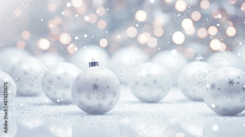 White decorative Christmas baubles or balls for decoration on a bokeh background. Merry Christmas and happy new year concept.