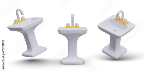 Collection with model of wash basin in realistic style in different positions. 3d home concept. Morning water procedures concept. Vector illustration with shadow in 3d style