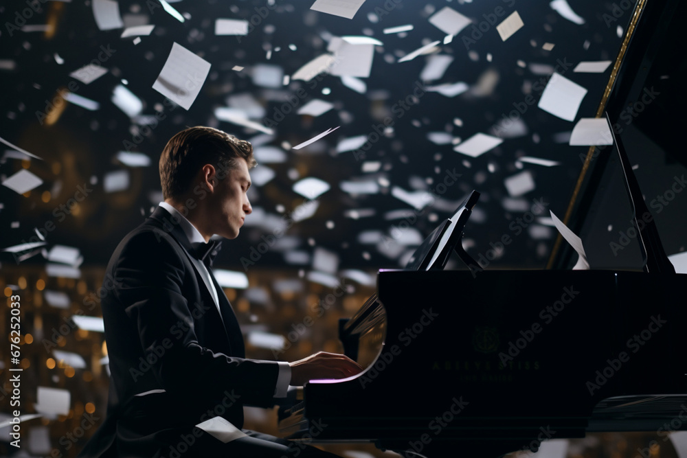 pianist artist wearing black suit playing playing piano while few papers of a notebook flying randomly, side view distant shot - obrazy, fototapety, plakaty 