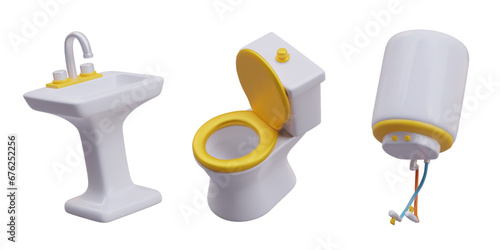 Collection with items for bathroom. Wash basin, ceramic toilet bowl and boiler on white background. Electric home appliance. Vector illustration in 3d realistic style