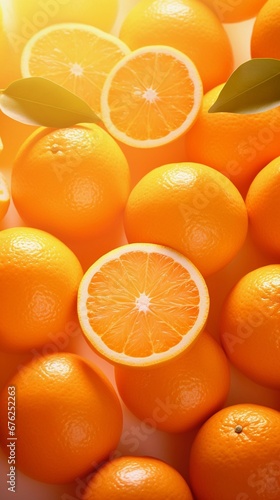 Sunbeams background fresh orange fruits frame, paper art with space for text, AI generated, background image